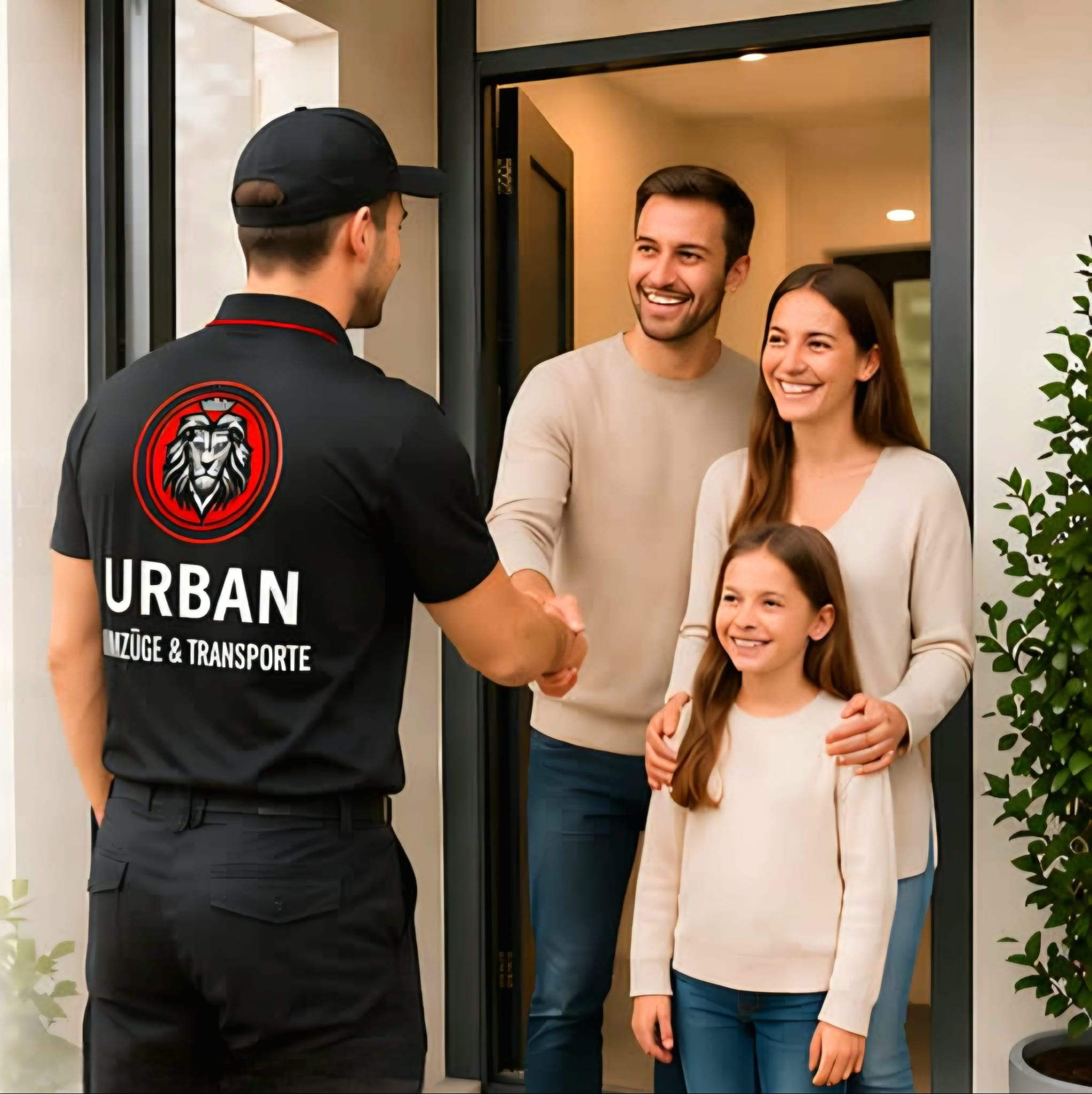 Umzugsmitarbeiter begrüßt eine Familie